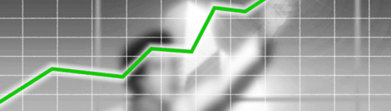 Black and white chart with a green line moving upward.