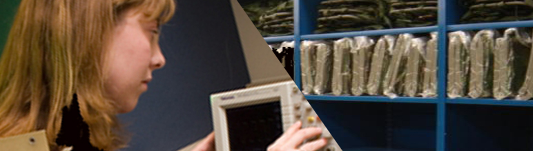 Women using a medical machine and medical supplies.