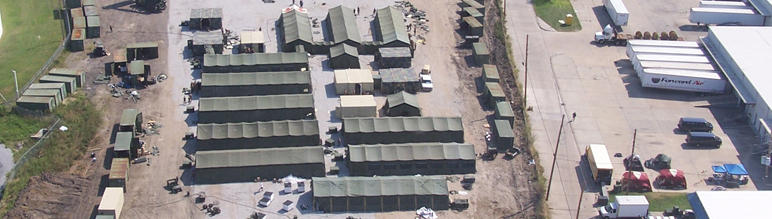 Aerial image of tents with medical supplies.